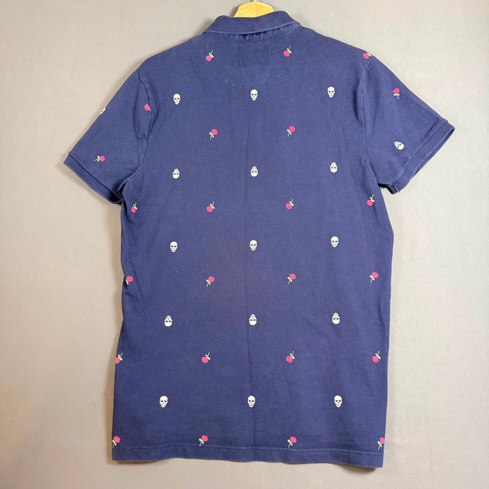 Hollister Epic Flex Polo Shirt Navy Skull Rose Print Stretch Men's Medium - Picture 2 of 6